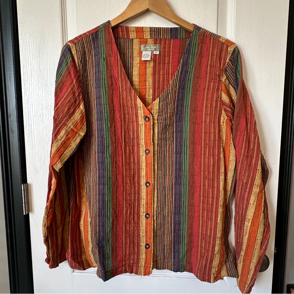 The Territory Ahead Stripe V-neck Button Front Blouse Long Sleeve Textured Woven